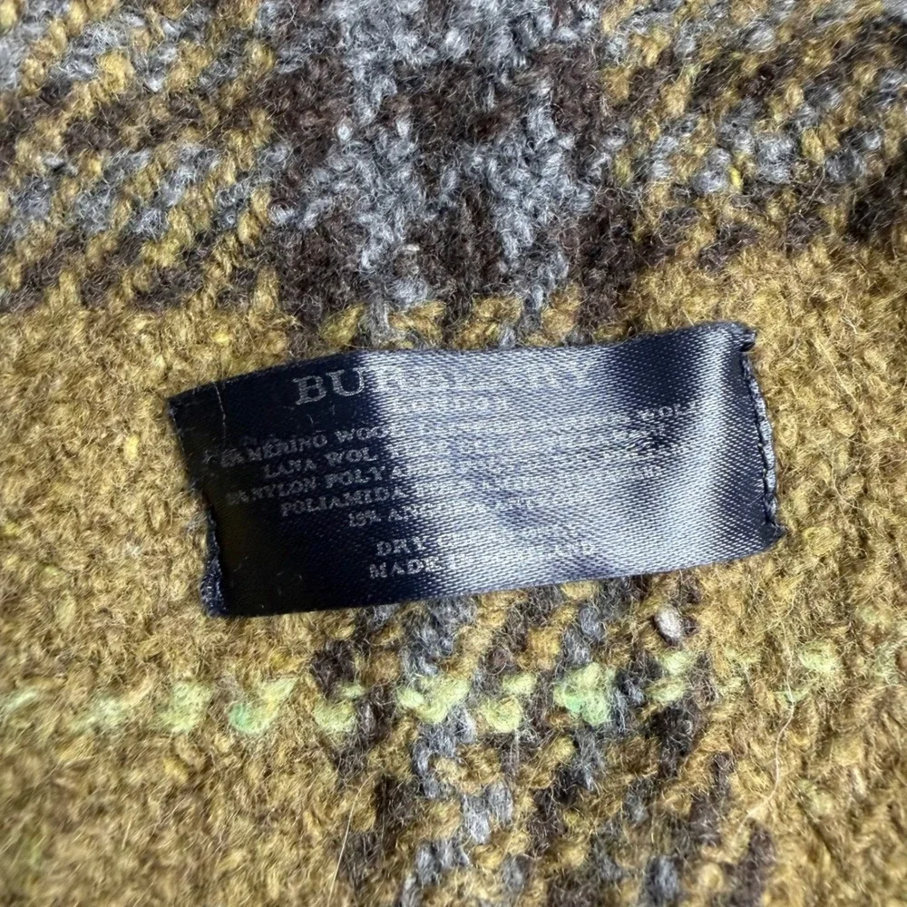 Burberry London Olive Green Plaid Merino Wool Angora Scarf Made in Scotland